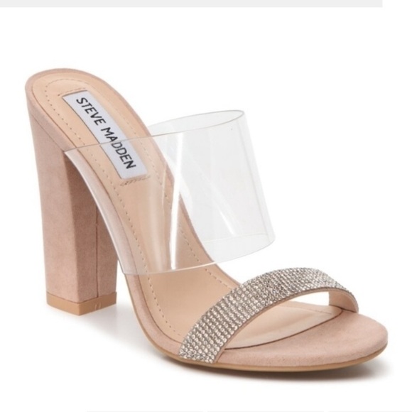 Steve Madden New Jubilee Suede Rhinestone Clear Lucite Strap Sandals Heels 7.5 - Picture 1 of 14